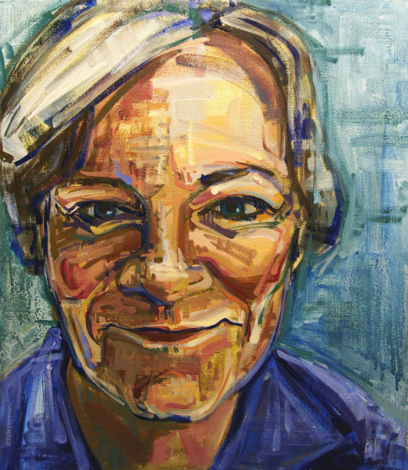 painted portrait of a smiling woman with short grey hair