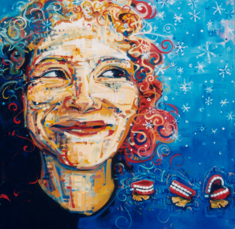painted portrait of white woman smiling with chattering teeth wind-up toys