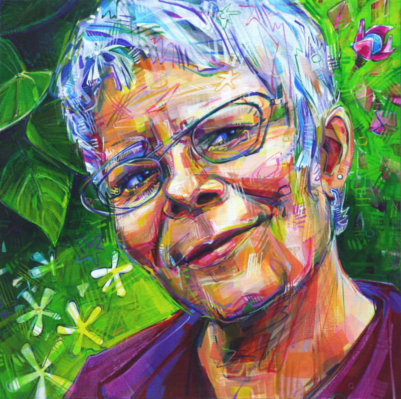 custom painted portrait of a woman with fantastic glasses and flowers in the background, made by independent artist Gwenn Seemel