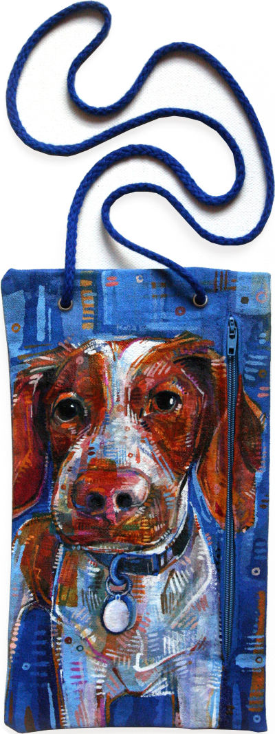 Brittany spaniel painted on a canvas pouch