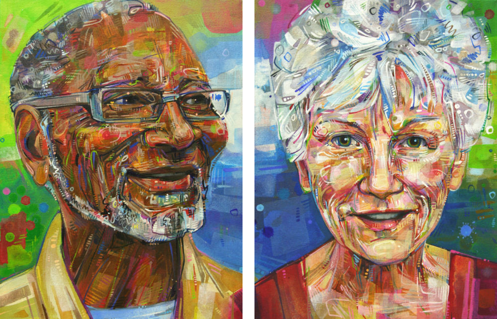 painted double portrait of a couple, commissioned
