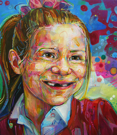painted portrait of a little girl who is missing teeth
