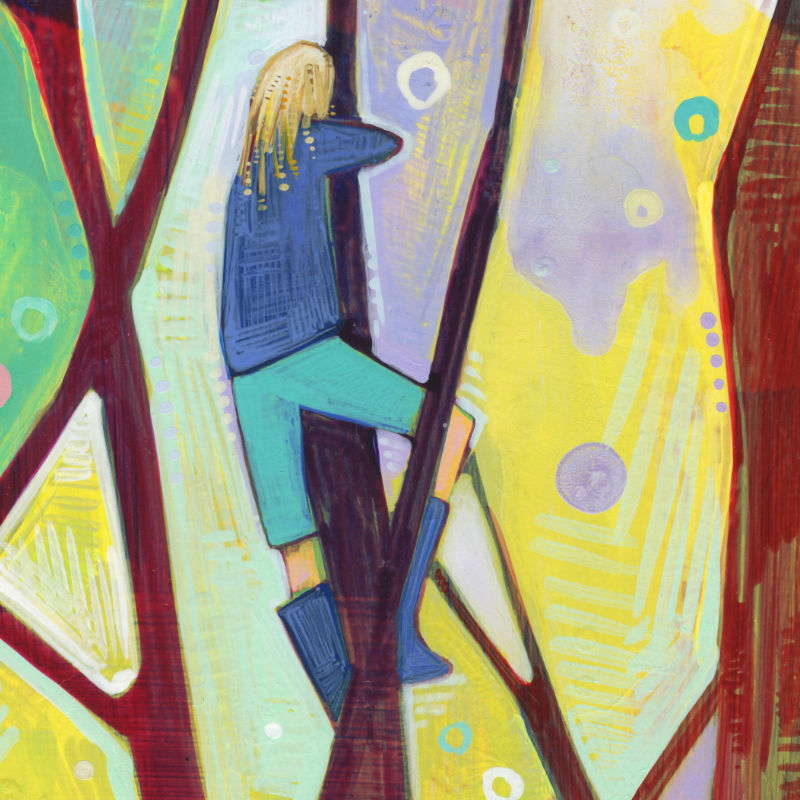 girl in a tree, rainbow design