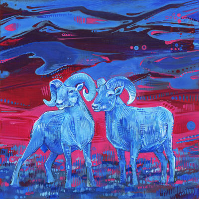 two male bighorn sheep painted in bright colors, buy art by independant artist Gwenn Seemel