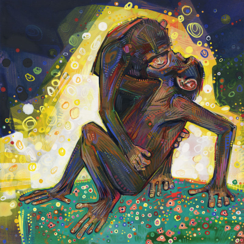 bonobos, peints à l’acrylique par l’artiste franco-américaine Gwenn Seemel, après Gustav Klimt