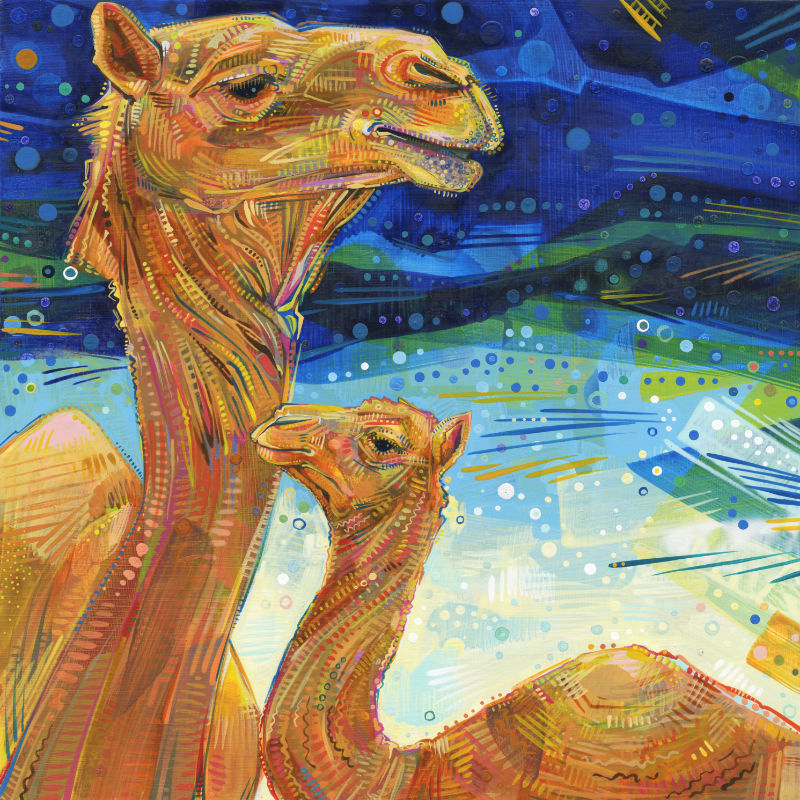 painting of a dromedary and her baby by childfree artist Gwenn Seemel