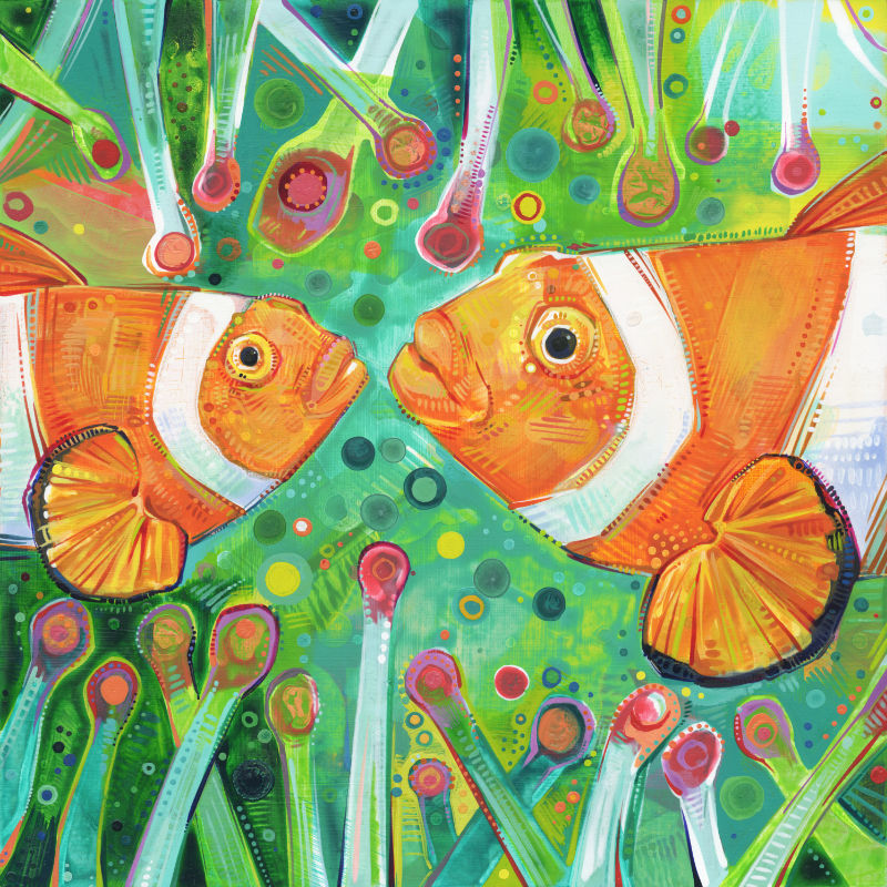painting of two clownfishes in an anemone, image by nonbinary artist Gwenn Seemel
