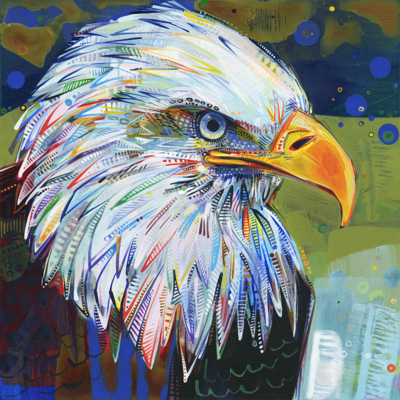 colorful close up painting of a bald eagle by the amazing acrylic artist Gwenn Seemel