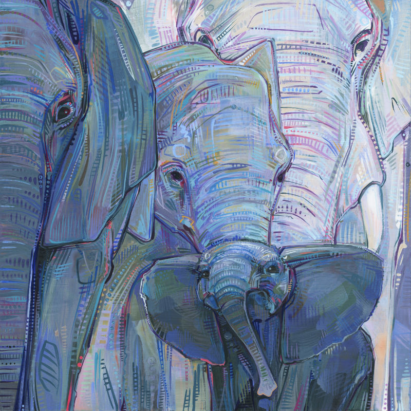 painting of an African elephant family, moms and aunties with a baby, image by queer artist Gwenn Seemel