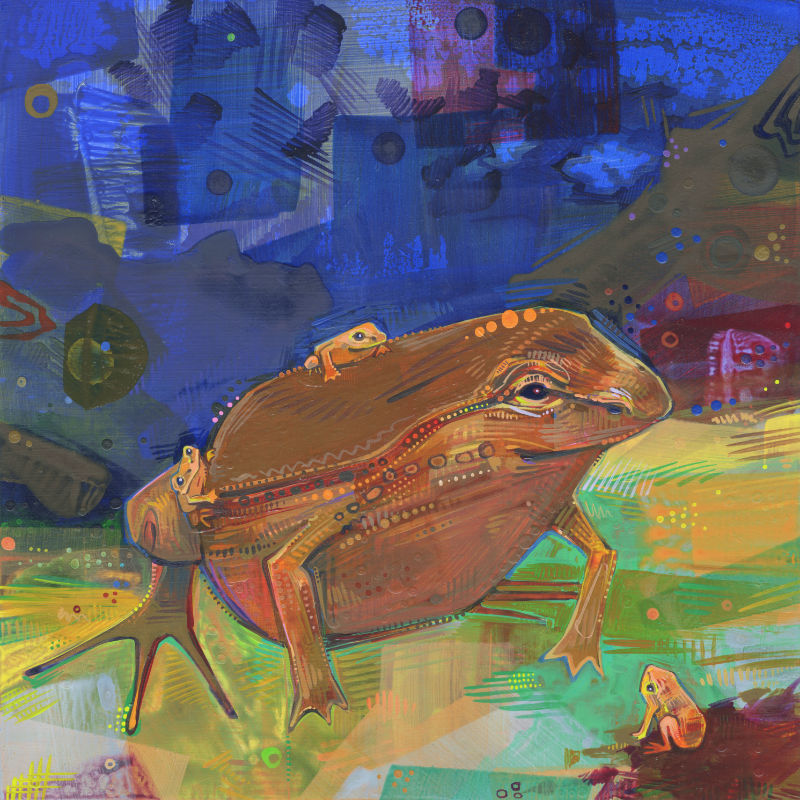painting of a pouched frog dad with babies by intersectional feminist artist Gwenn Seemel