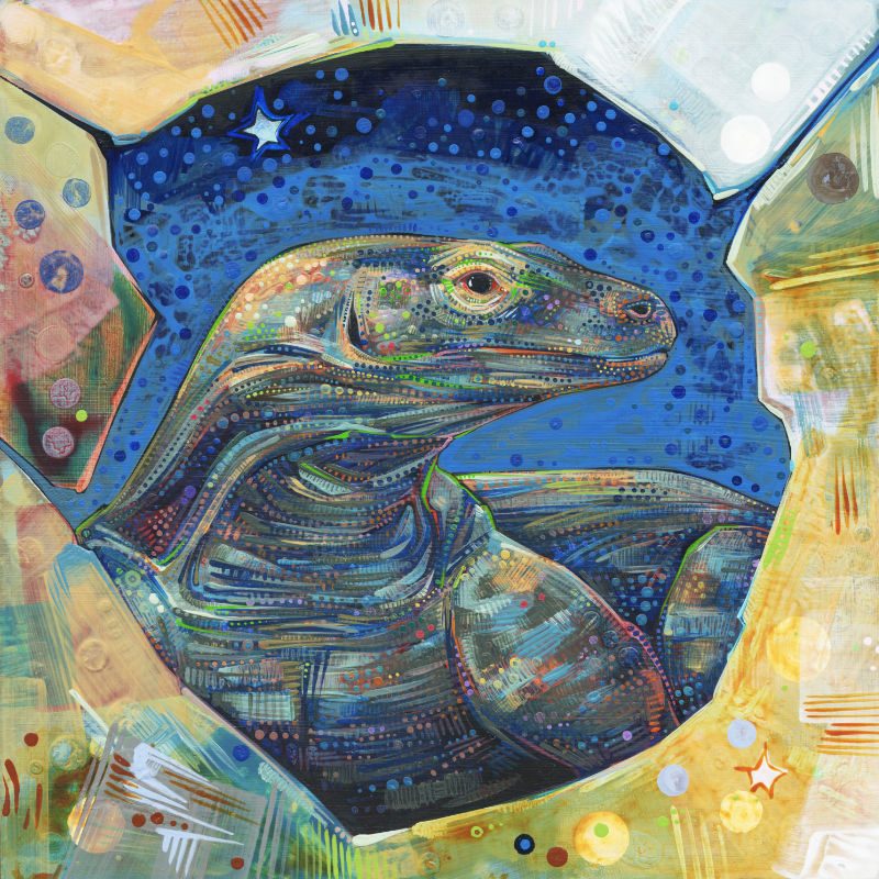 un dragon de Komodo, peint à l’acrylique par l’artiste franco-américaine Gwenn Seemel