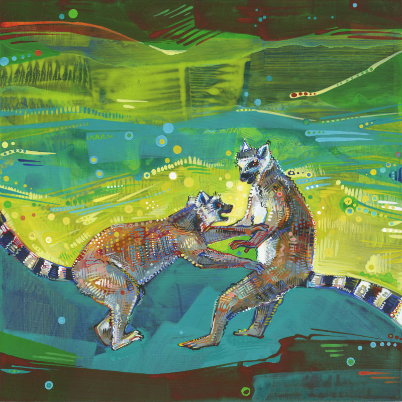 painting of two female lemurs facing off by French-American artist Gwenn Seemel