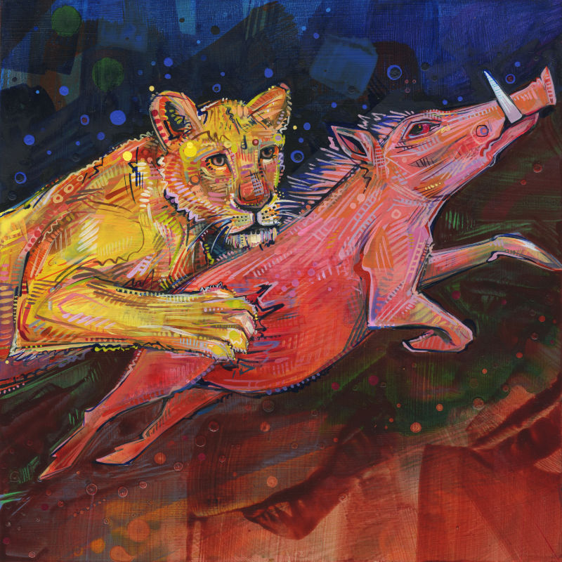 une lionne qui chasse, peinte à l’acrylique par l’artiste franco-américaine Gwenn Seemel