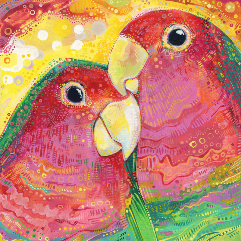 painting of two female lovebirds snuggling by queer artist Gwenn Seemel