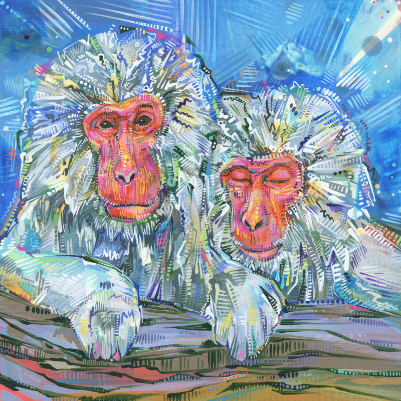 a pair of femail Japanese macaque, illustration by prolific acrylic painter Gwenn Seemel