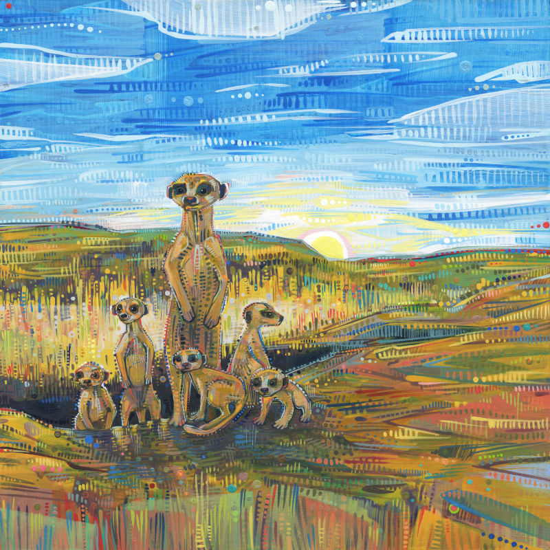 suricates, peints à l’acrylique par l’artiste franco-américaine Gwenn Seemel