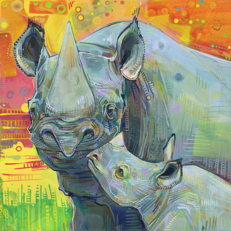 painting of a hook-lipped rhinoceros mom with her baby, illustration by childfree artist Gwenn Seemel