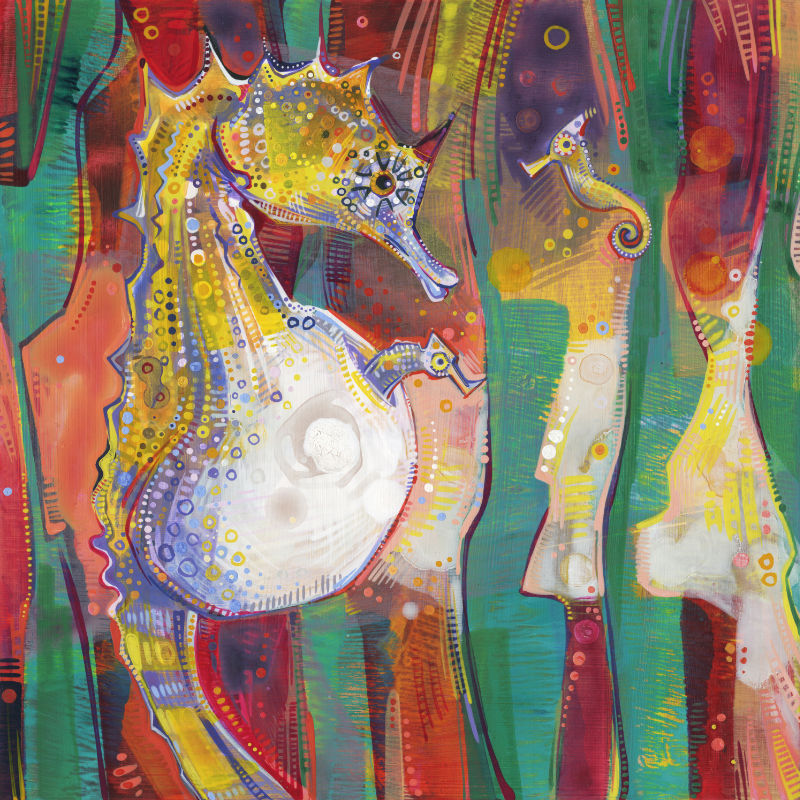 painting of a male pot-bellied seahorse giving birth by queer artist Gwenn Seemel