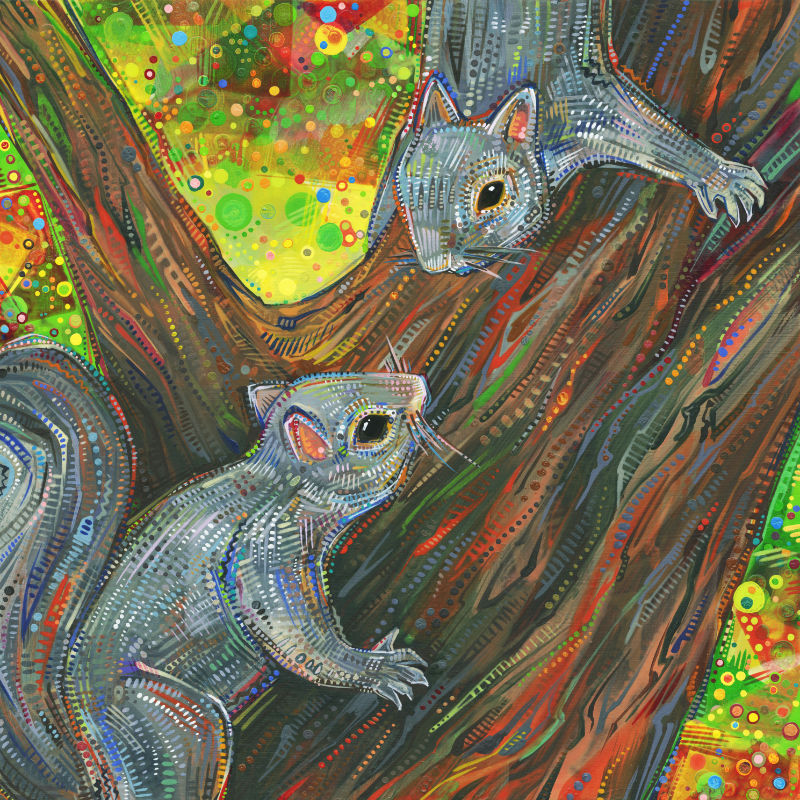 écureuils gris, peints à l’acrylique par l’artiste franco-américaine Gwenn Seemel