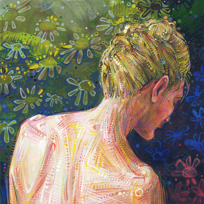 figurative art painting of the back and neck of a blond woman
