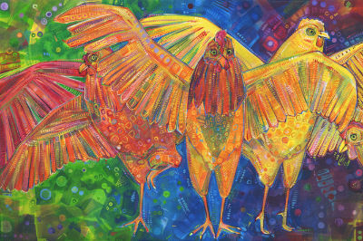 dancing rainbow chickens by queer artist Gwenn Seemel