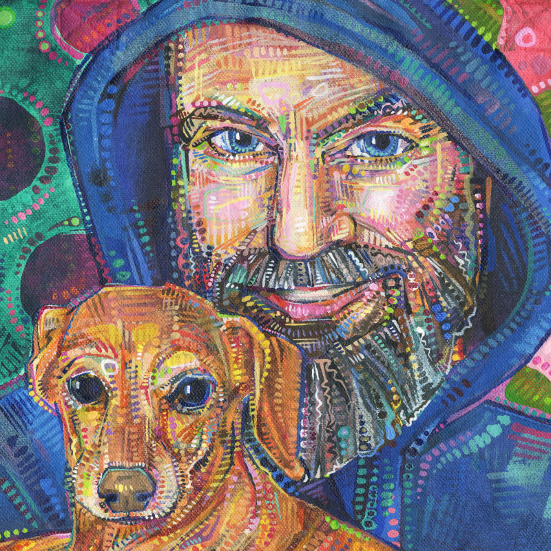 painted portrait of a man and a little dog