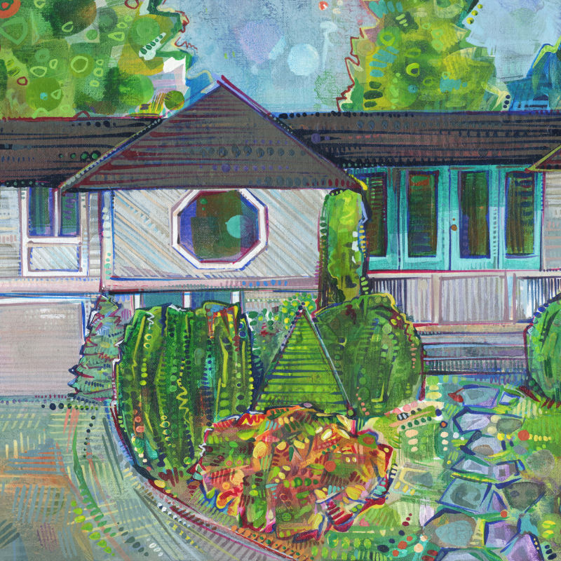 painted portrait of a ranch-style house with an octagonal-shaped window