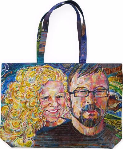 portrait of a young white couple painted directly on a canvas bag