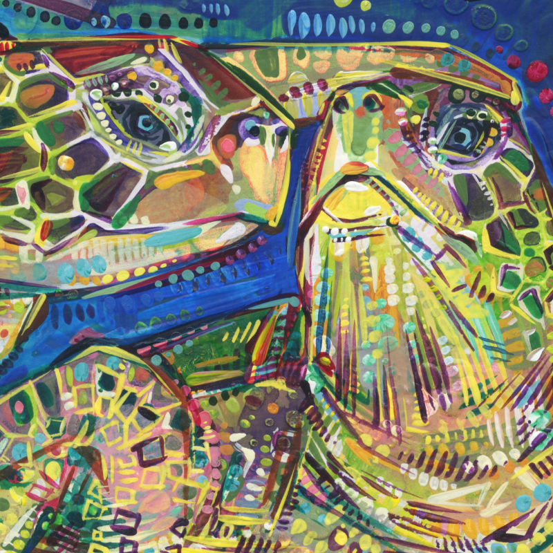 acrylic painting of two sea turtles
