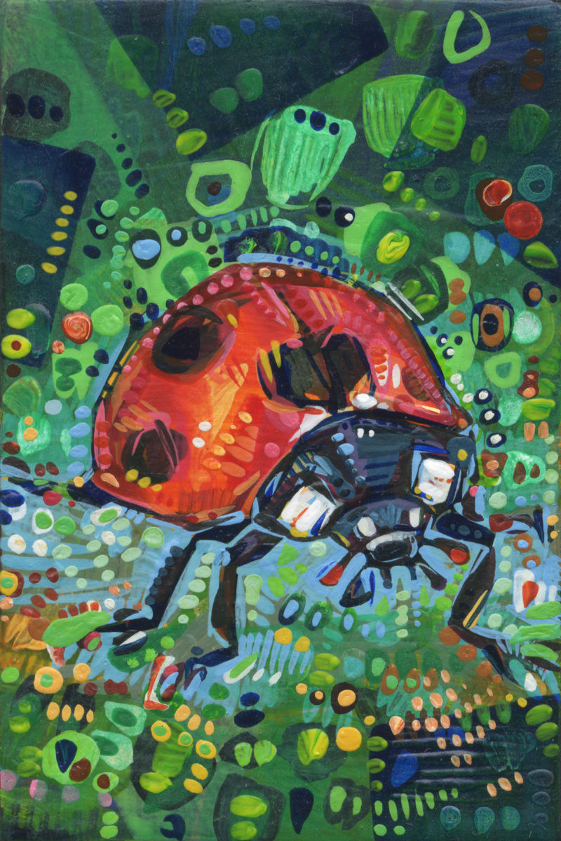 insect art, close up painting of a ladybug seen from the front