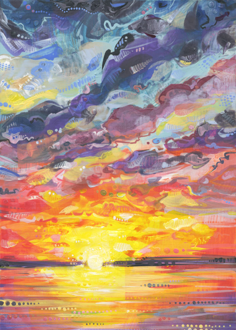tableau représentant un coucher de soleil sur l’eau de la baie