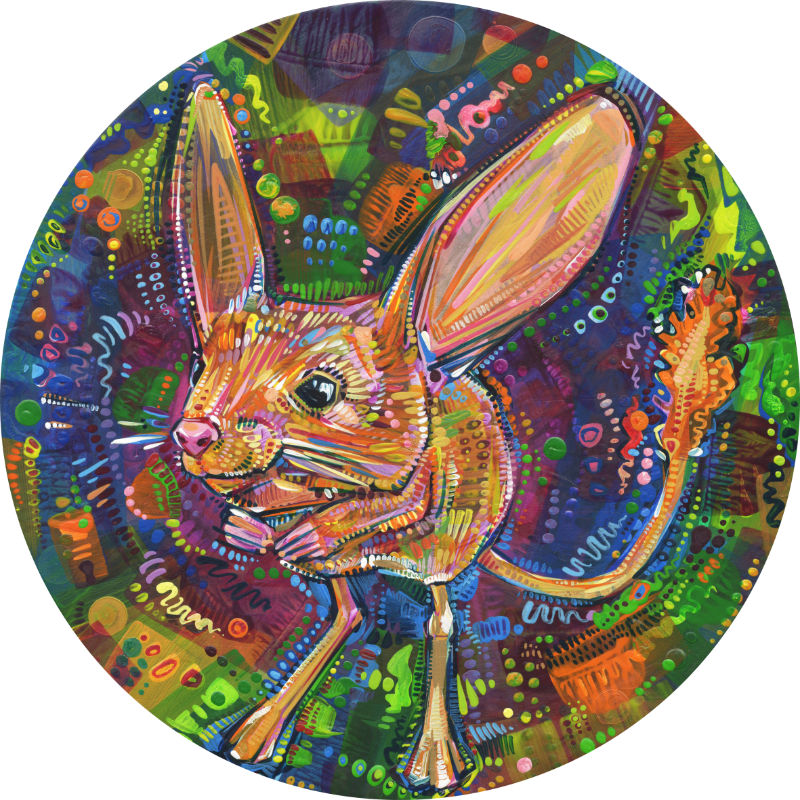 a jerboa surrounded by a rainbow of energetic brush strokes