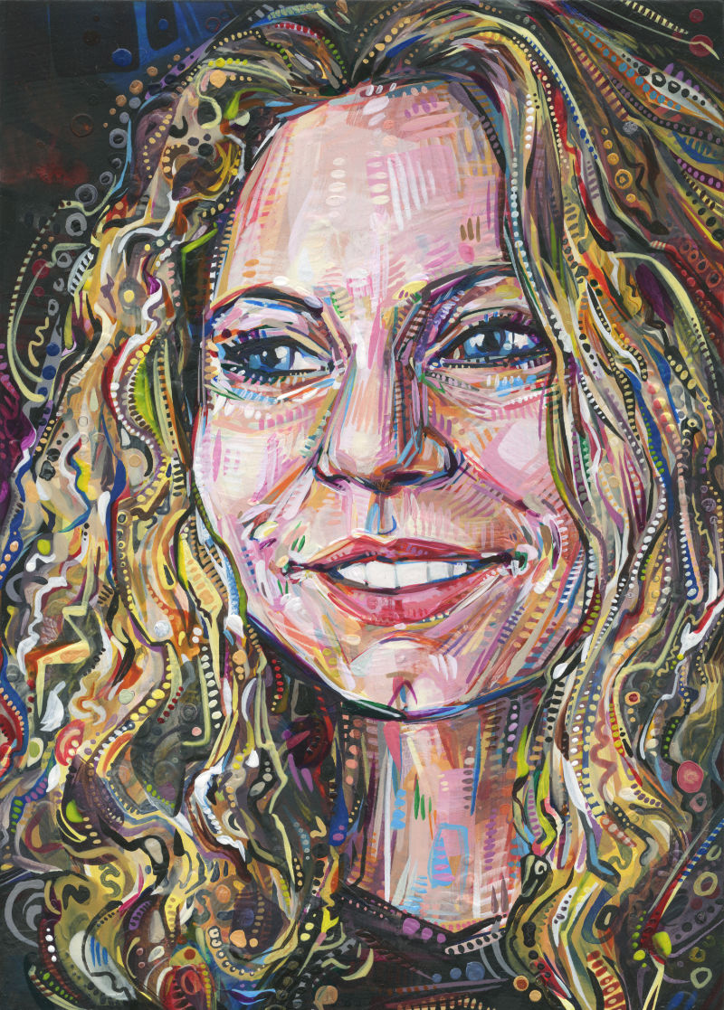 a young white woman with curly hair, painted in bright colors and bold strokes
