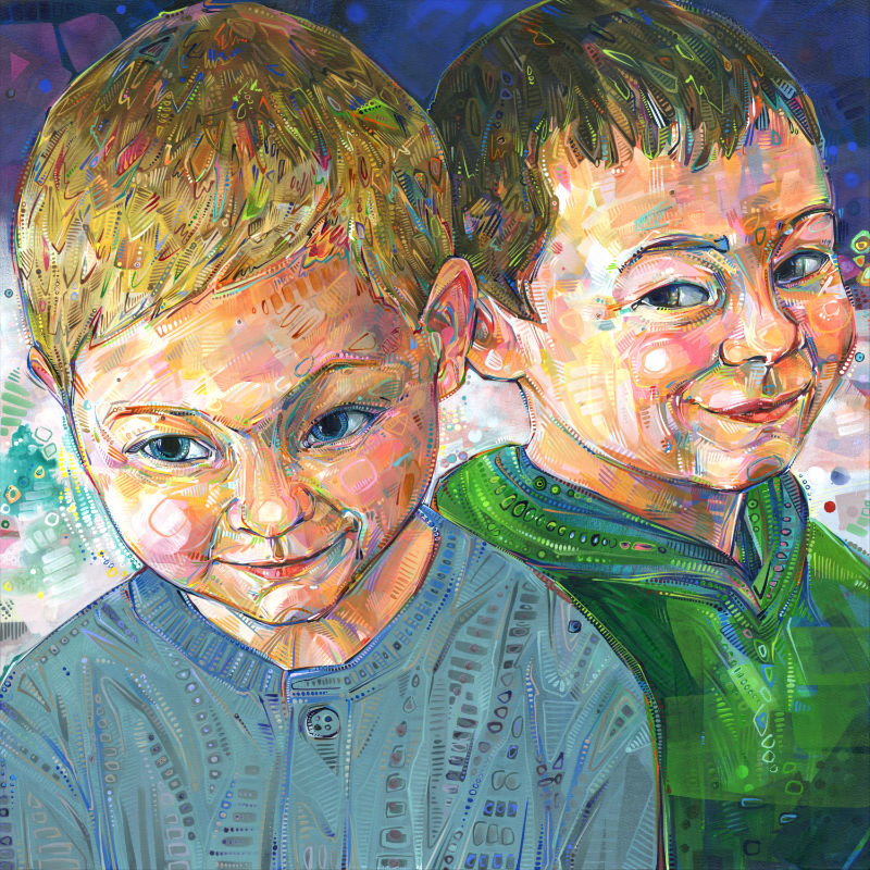 a colorful crosshatched painting of two little boys