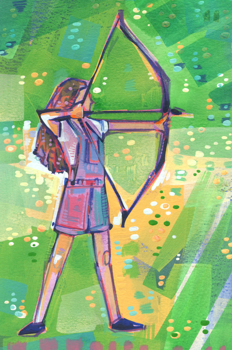 une fille avec un arc peinte en technique mixte sur papier