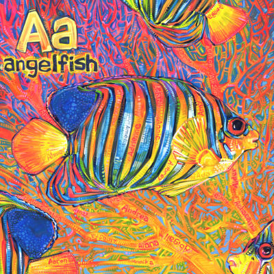 angelfish and neon coral painted by Gwenn Seemel, alphabet book illustration