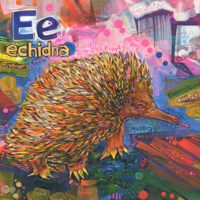 echidna with her tongue sticking out, painted colorfully, buy art by independant artist Gwenn Seemel