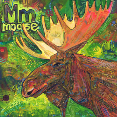 M is for moose, alphabet book painting by American artist Gwenn Seemel