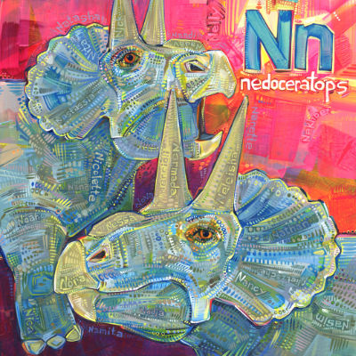 N is for nedoceratops, illustration pour un livre d’alphabet anglophone