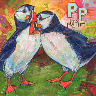 P is for puffin, alphabet book painting by American artist Gwenn Seemel