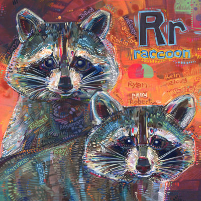 R is for raccoon, art pour un livre d’alphabet anglophone