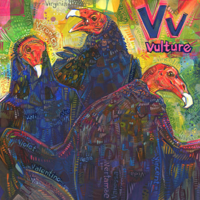 V is for vulture, alphabet book painting by wildlife artist Gwenn Seemel