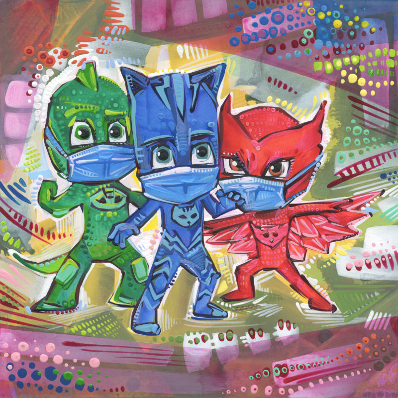 mixed media PJ Masks fan art of Gekko, Catboy, and Owlette wearing face coverings because of the pandemic