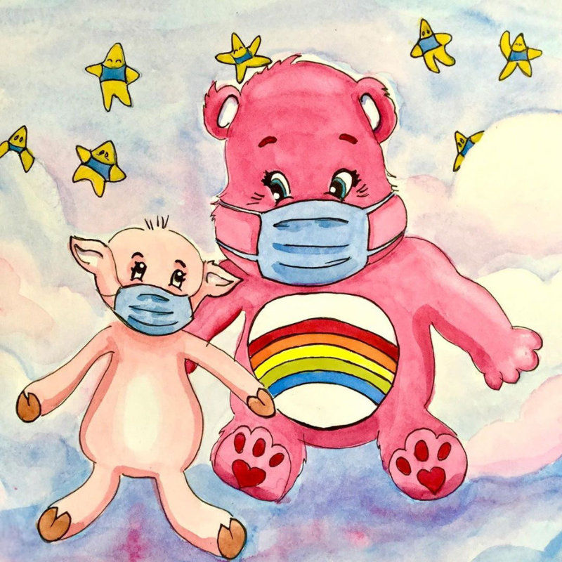 Care Bear fan art of Cheer Bear and Miss Pig wearing face coverings because of the pandemic
