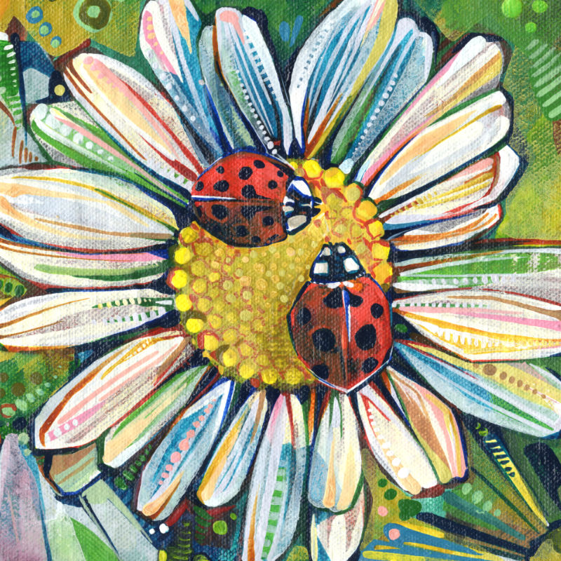 artwork by Gwenn Seemel depicting two ladybugs on a daisy