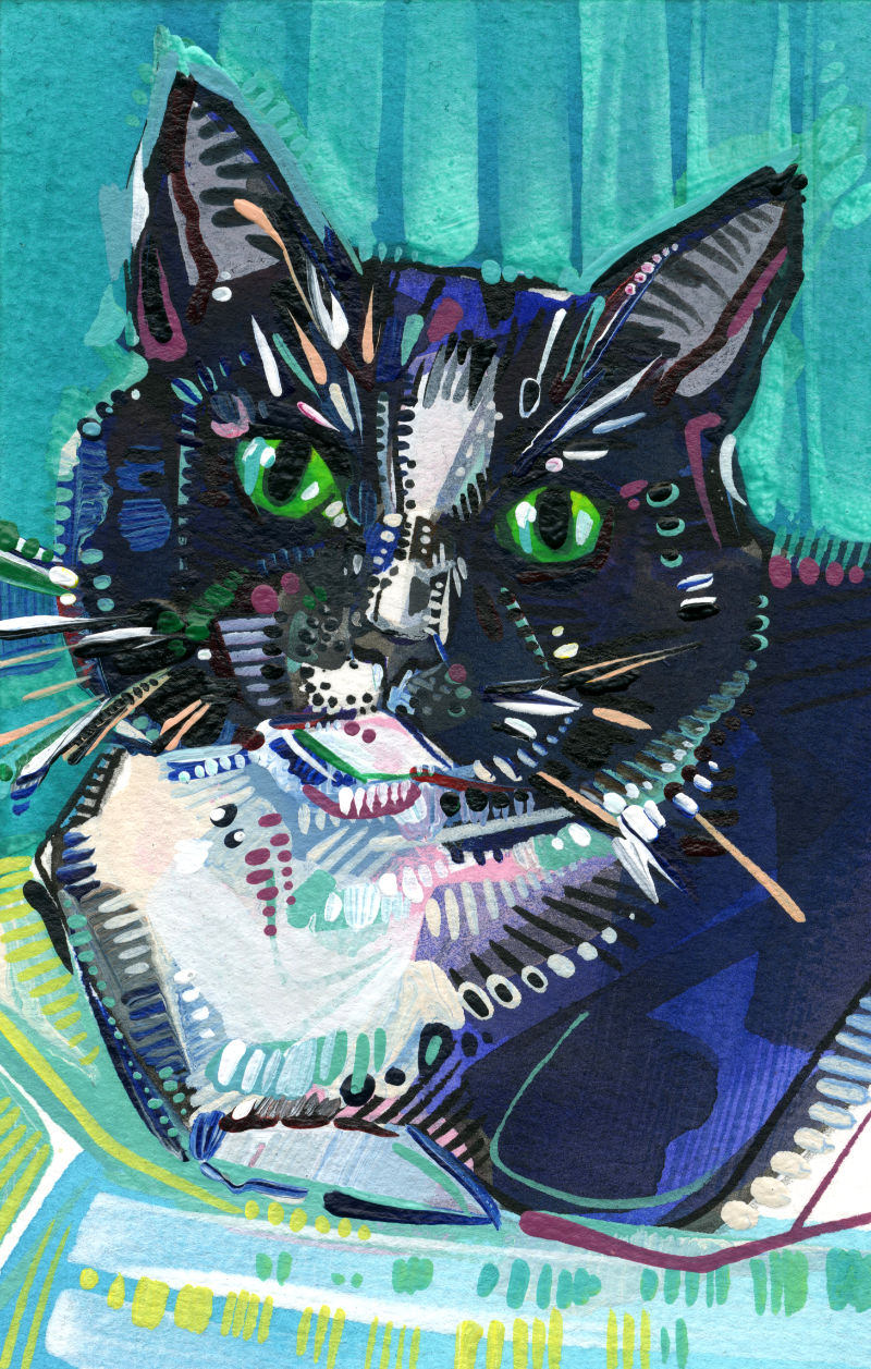 acrylic painting of a tuxedo cat, illustration by pet artist Gwenn Seemel
