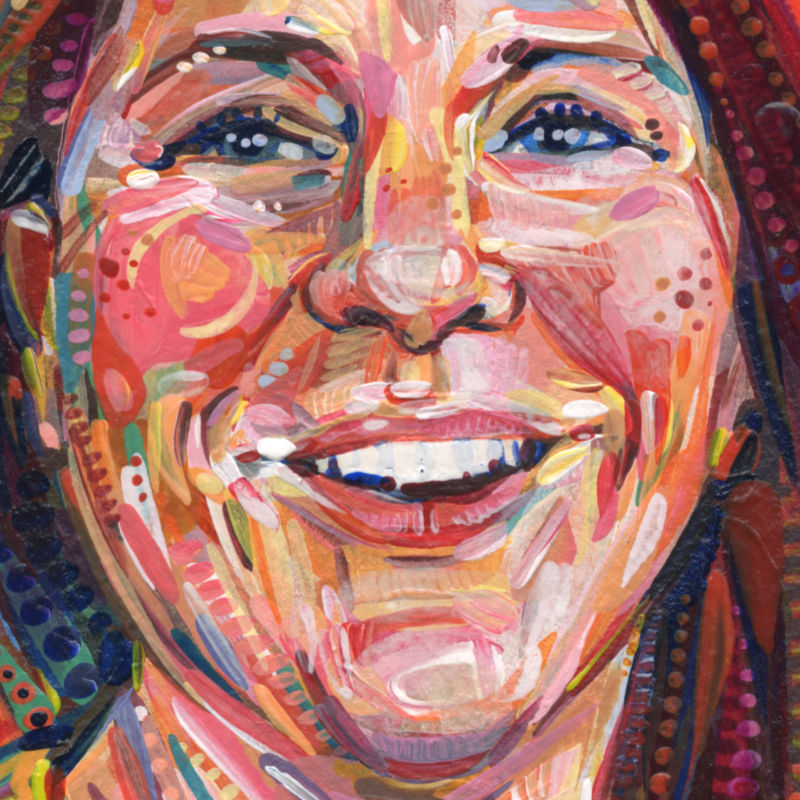détail d’une peinture à l’acrylique d’une femme blanche souriante, par Gwenn Seemel