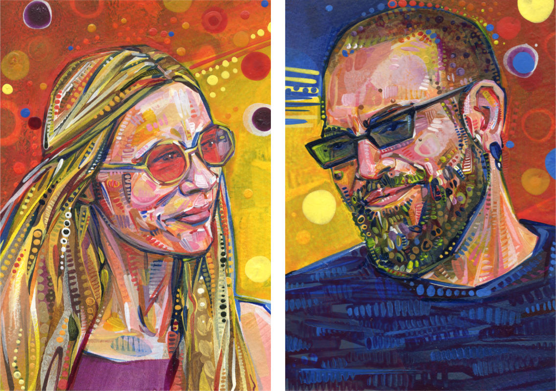 Jess Villars and Cord Schlobohm acrylic painted portraits, created by Gwenn Seemel with dynamic brushstrokes