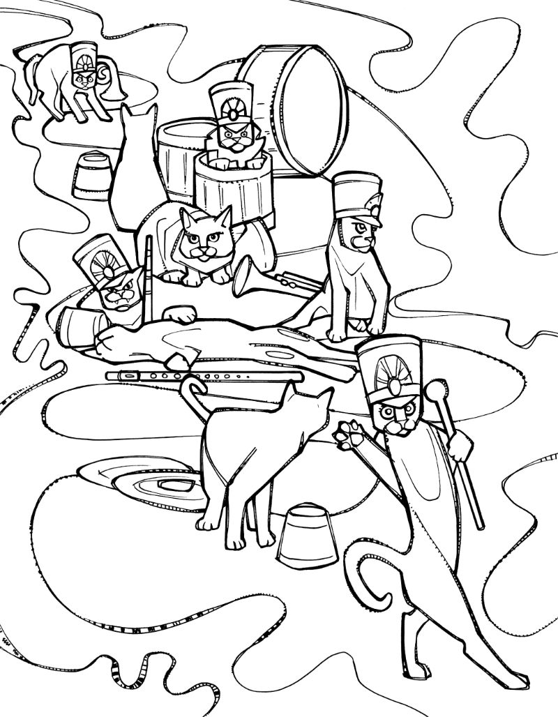 coloring book page showing a marching band made up of cats
