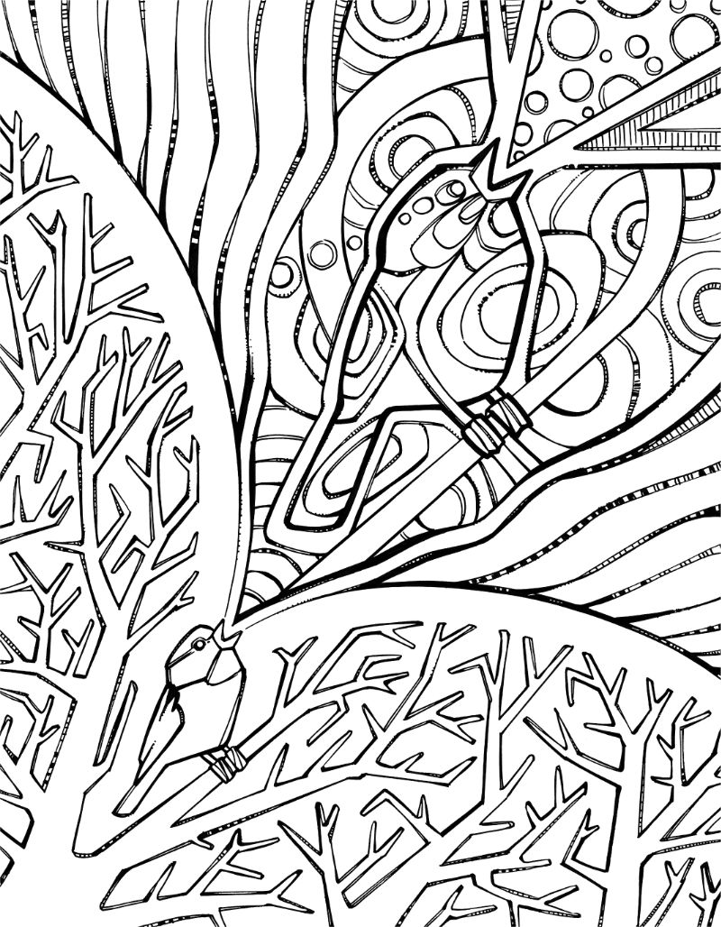 coloring book page showing a bird singing a strange version of itself